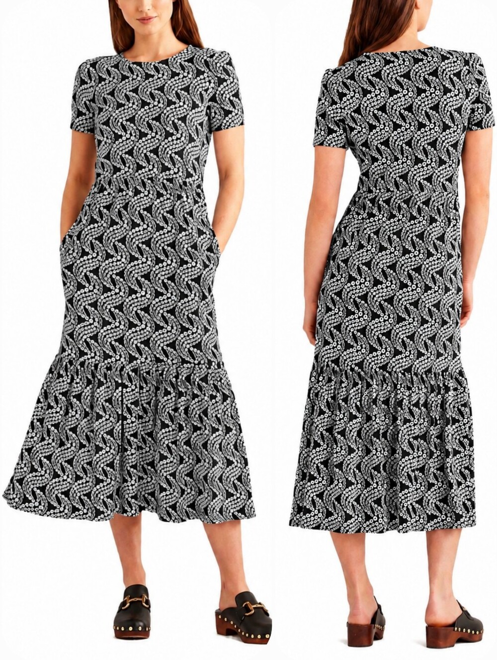 Boden Tiered Easy Jersey Floral Midi Dress pockets 10 Black White Daisy Preppy